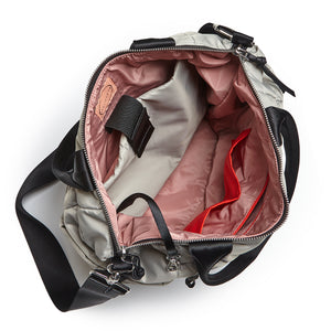 shortyLOVE ranger large tote bag in milky grey; top-down view showing interior blush lining against white background.