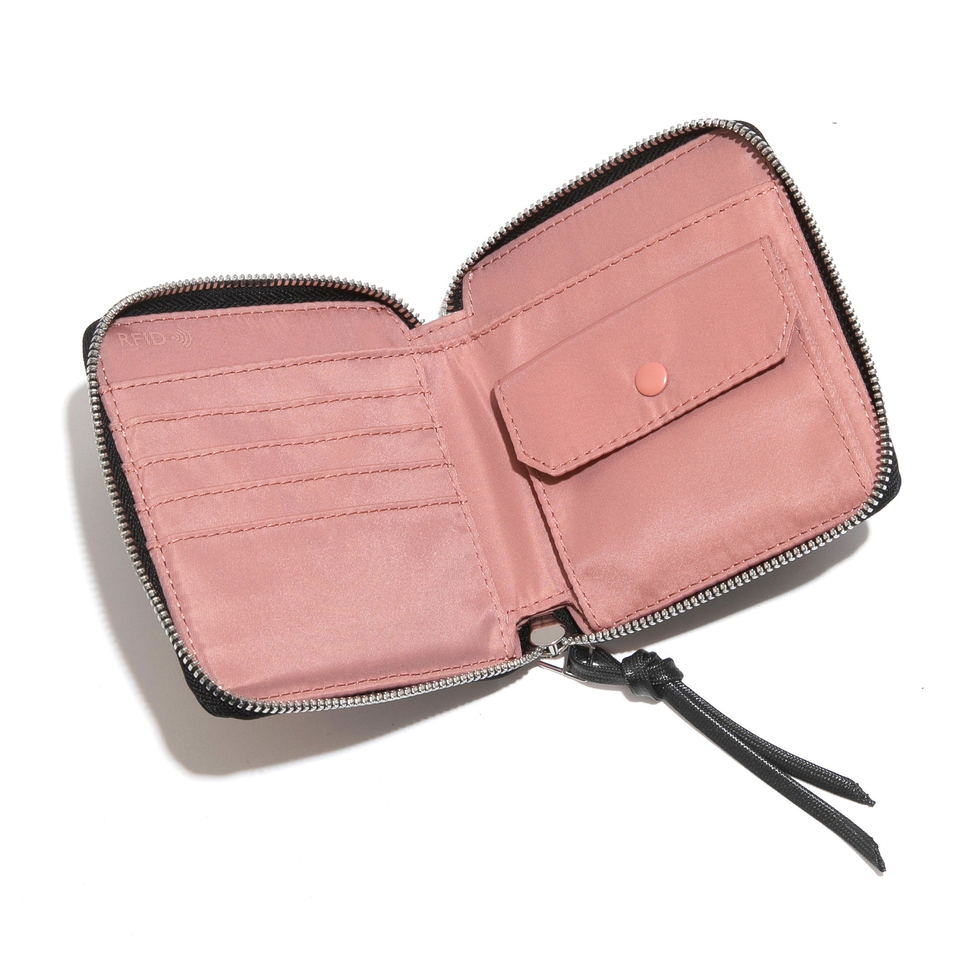 shortyLOVE merchant clutch/wallet in red; top-down view showing interior blush lining against white background.