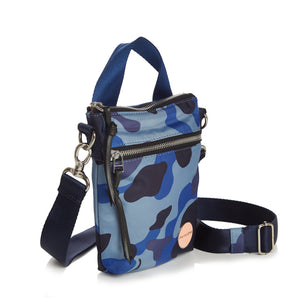 shortyLOVE shorthand small crossbody bag in blue camo; side angle view against white background.