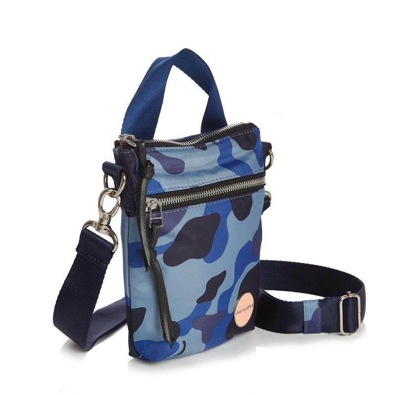 shortyLOVE shorthand small crossbody bag in blue camo; side angle view against white background.