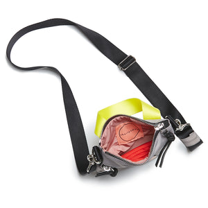 shortyLOVE shorthand small crossbody bag in grey; top-down view showing interior blush lining against white background.