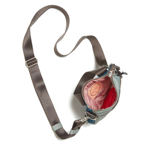 shortyLOVE shorthand small crossbody bag in slate/teal; top-down view showing interior slate/teal lining against white background.