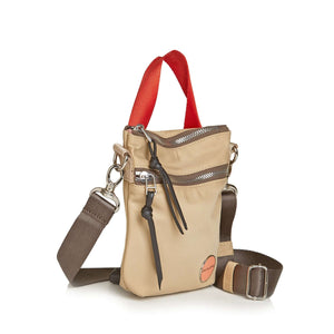 shortyLOVE shorthand small crossbody bag in khaki; side angle view against white background.