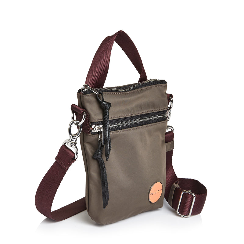 shortyLOVE shorthand small crossbody bag in mocha; side angle view against white background.