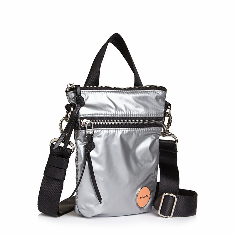 shortyLOVE shorthand small crossbody bag in silver; side angle view against white background.