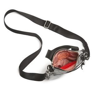 shortyLOVE shorthand small crossbody bag in silver; top-down view showing interior silver lining against white background.