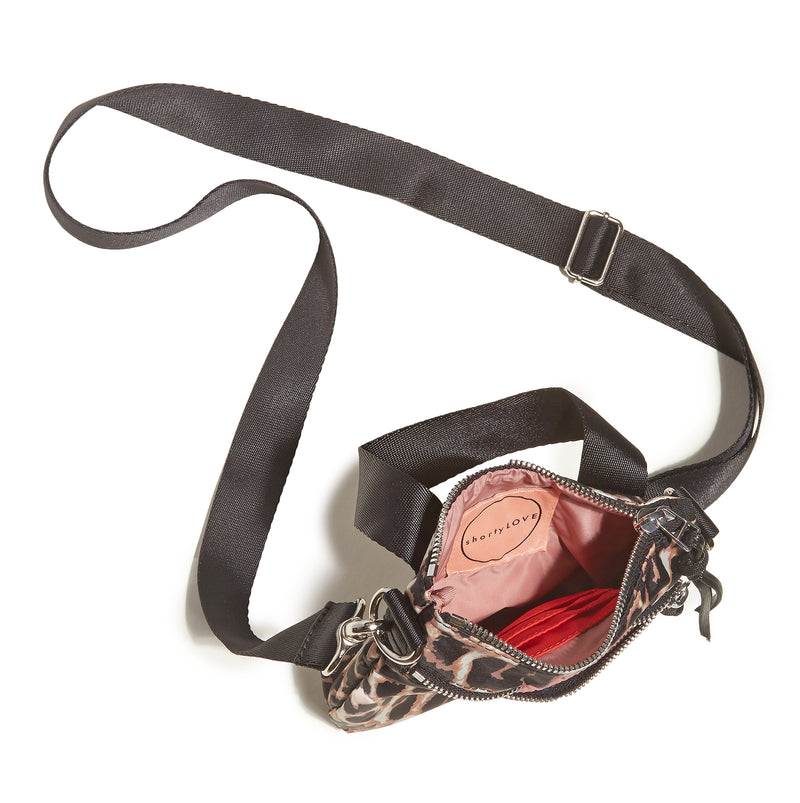 shortyLOVE shorthand small crossbody bag in leopard; top-down view showing interior blush lining against white background.