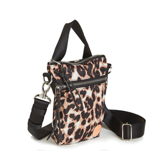 shortyLOVE shorthand small crossbody bag in leopard; side angle view against white background.