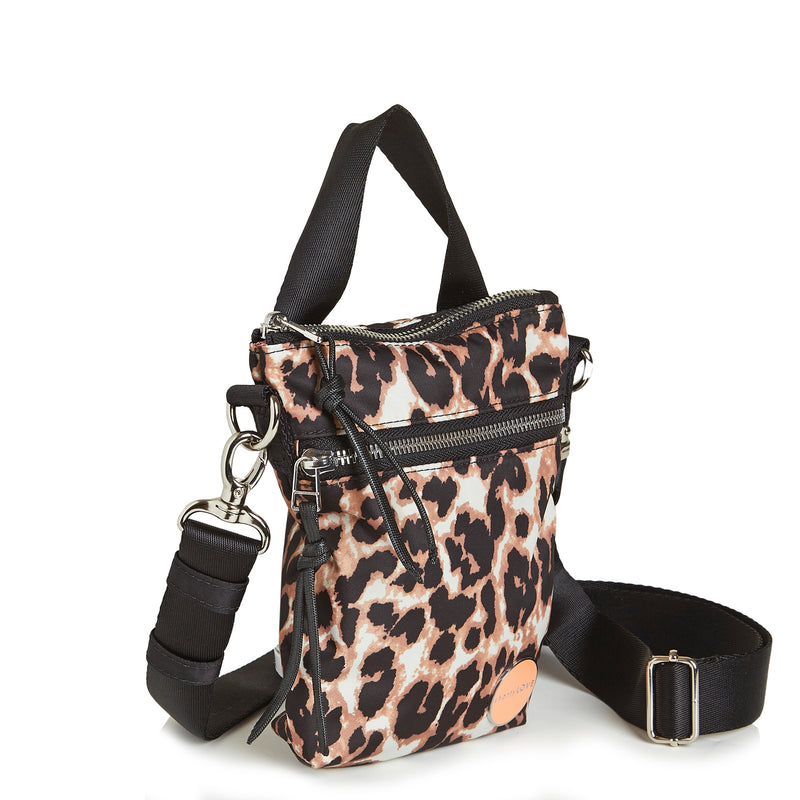 shortyLOVE shorthand small crossbody bag in leopard; side angle view against white background.