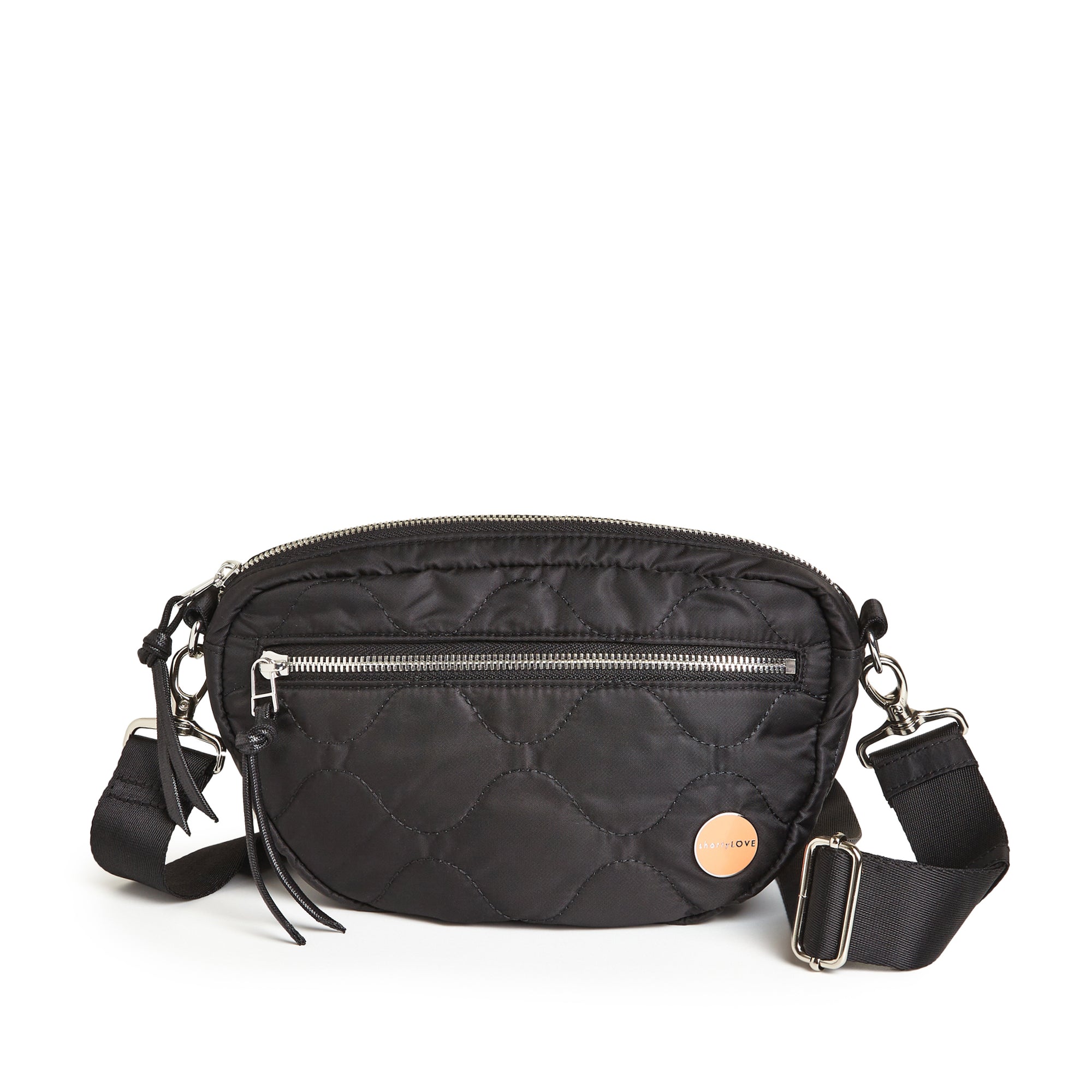 shortyLOVE small cruiser women’s designer nylon crossbody handbag in black; front view against white background