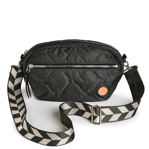 shortyLOVE boardwalk strap in arrow design in black/cream; shown with cruiser bag in black.