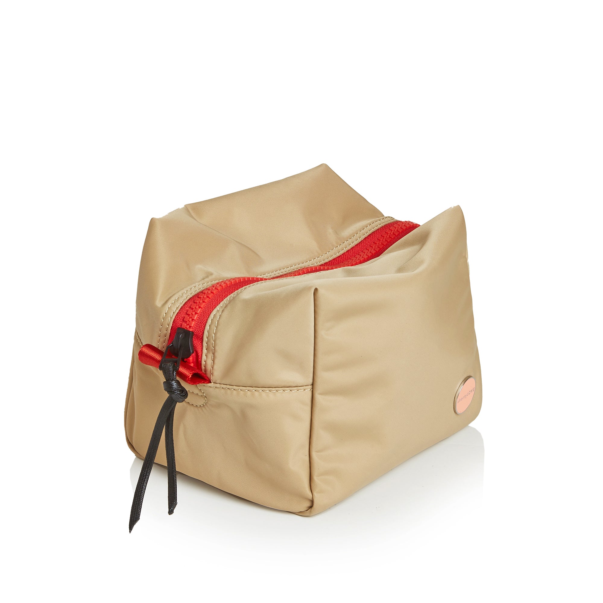 shortyLOVE stevie cosmetic bag in khaki; side angle view against white background.