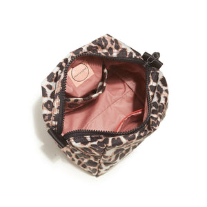 shortyLOVE ace small backpack in leopard; top-down view showing interior leopard lining against white background.
