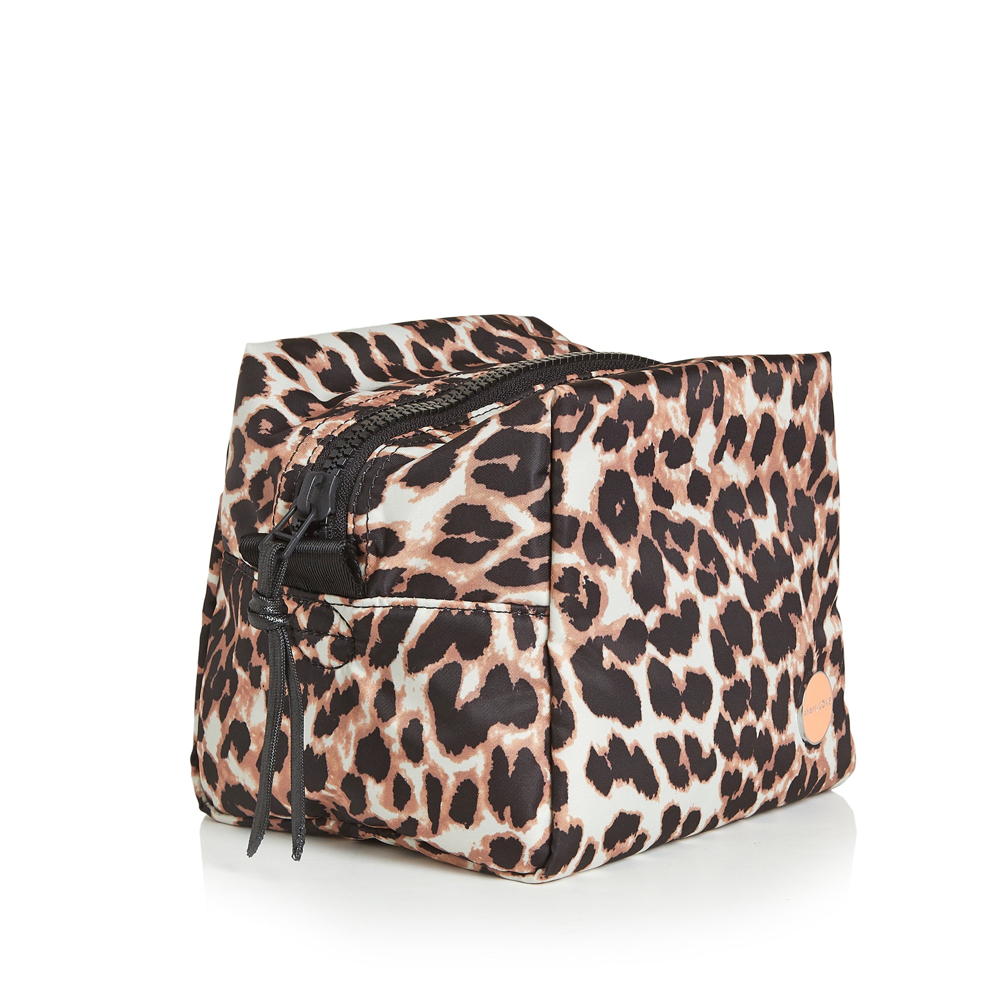 shortyLOVE stevie cosmetic bag in leopard; side angle view against white background.