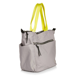 shortyLOVE tillie tote bag in grey; side angle view against white background.