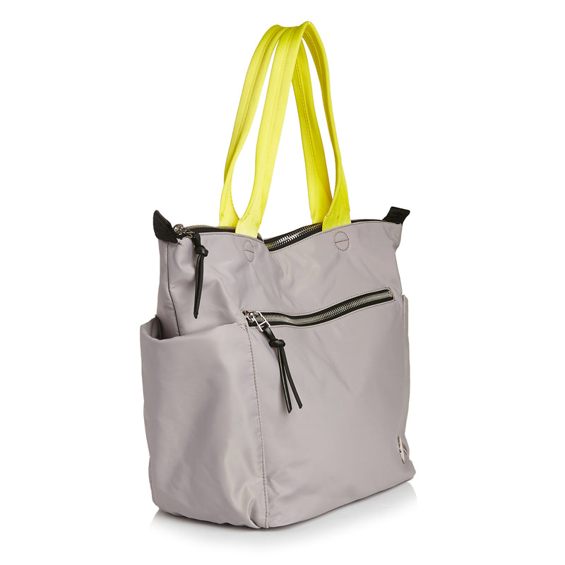 shortyLOVE tillie tote bag in grey; side angle view against white background.