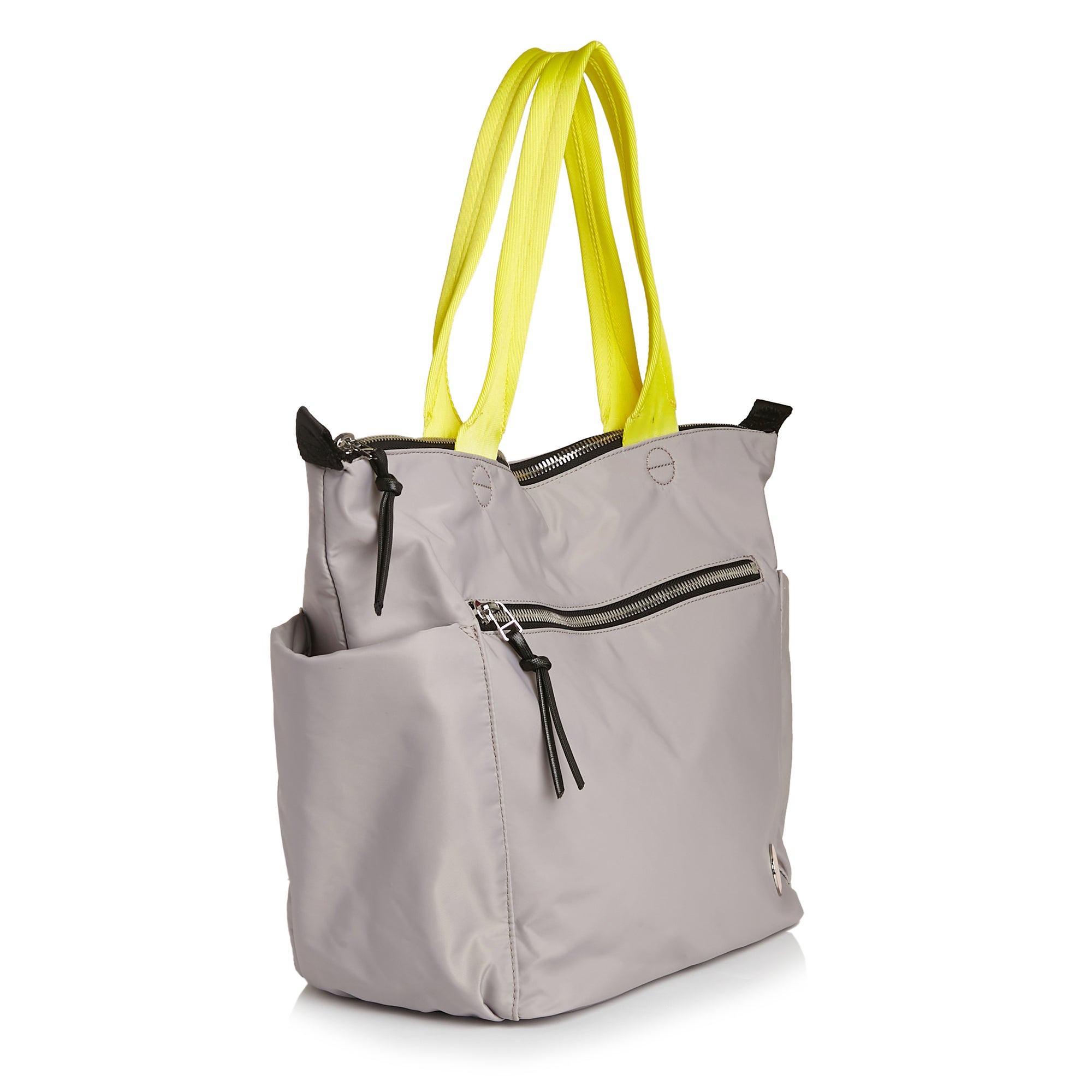 shortyLOVE tillie tote bag in grey; side angle view against white background.