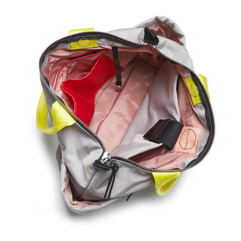 shortyLOVE tillie tote bag in grey; top-down view showing interior blush lining against white background.