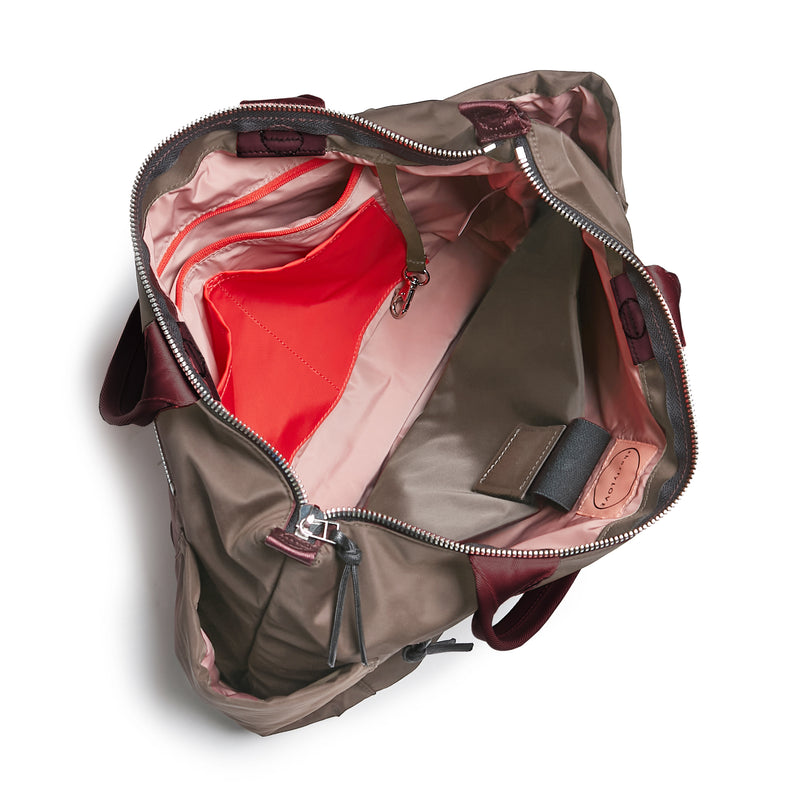 shortyLOVE tillie tote bag in mocha; top-down view showing interior mocha lining against white background.