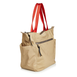shortyLOVE tillie tote bag in khaki; side angle view against white background.