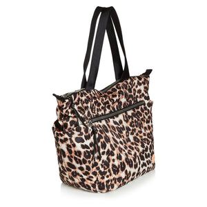 shortyLOVE tillie tote bag in leopard; side angle view against white background.