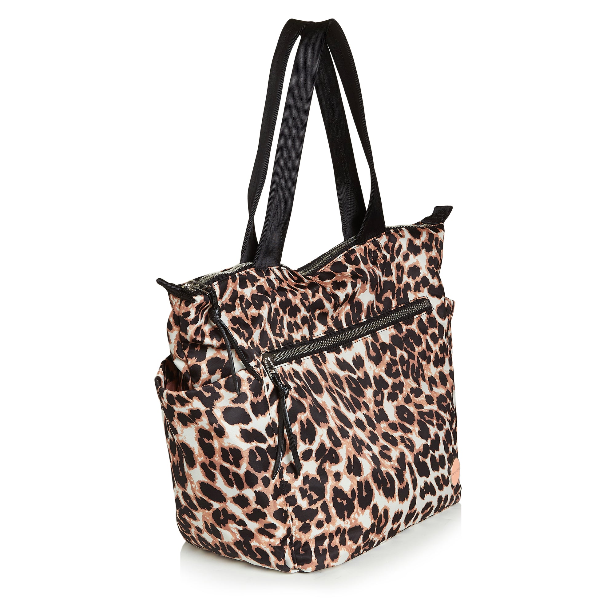 shortyLOVE tillie tote bag in leopard; front view against white background.