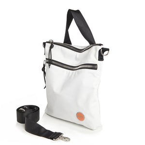 shortyLOVE amuse medium sized crossbody bag in white; side angle view against white background.