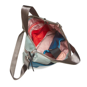 shortyLOVE wonder large crossbody/messenger bag in slate/teal; top-down view showing interior slate/teal lining against white background.