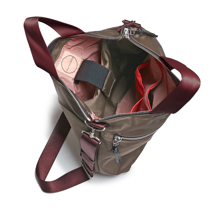 shortyLOVE wonder large crossbody/messenger bag in mocha; top-down view showing interior mocha lining against white background.