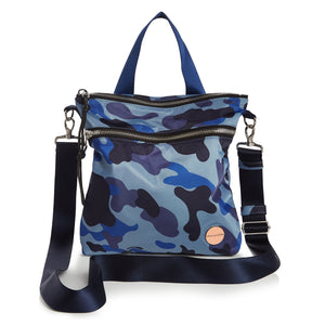 shortyLOVE amuse medium sized crossbody bag in blue camo; front view against white background.