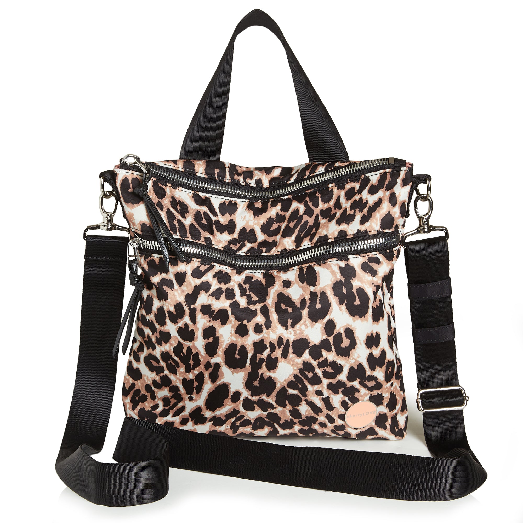 shortyLOVE amuse medium sized crossbody bag in leopard; front view against white background.