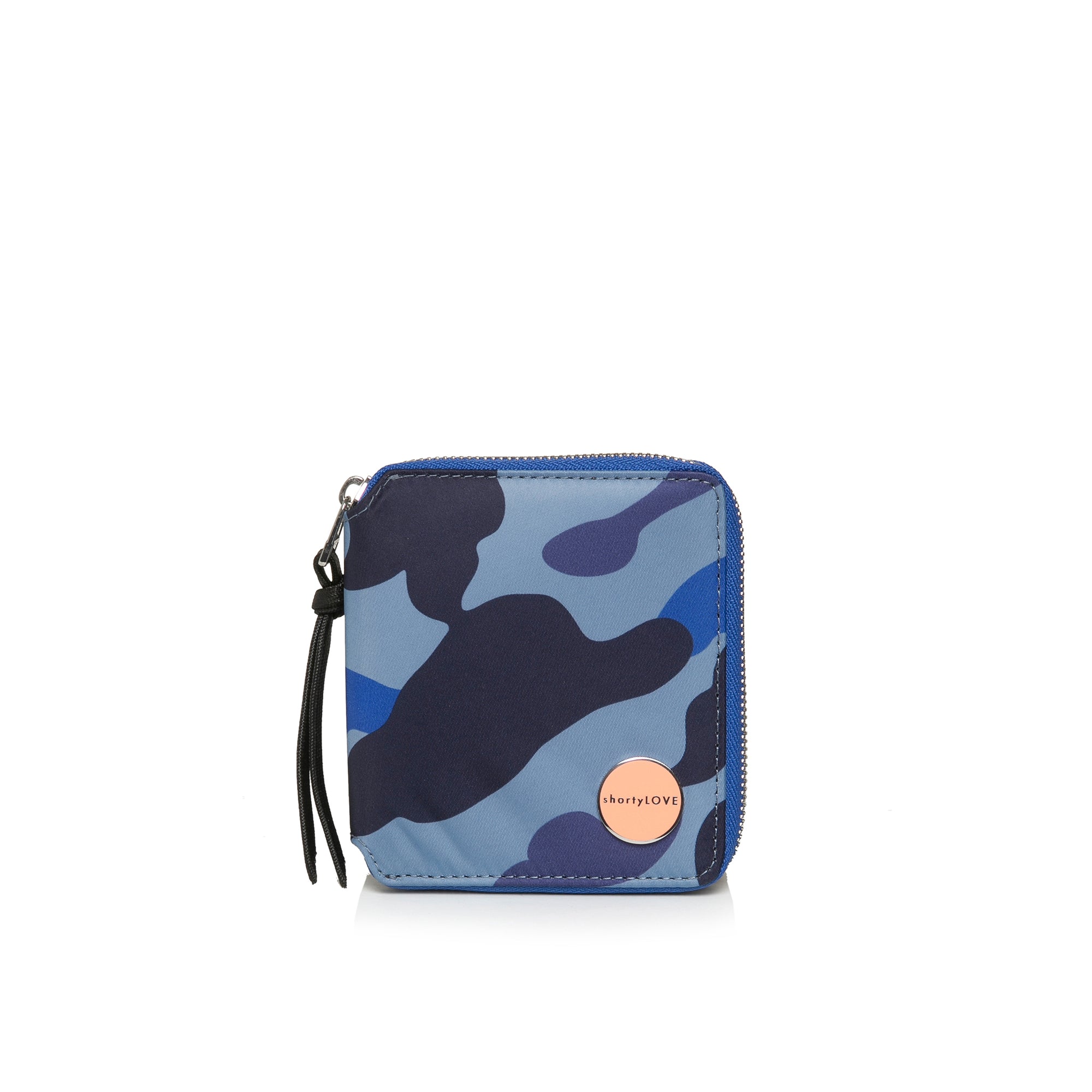 shortyLOVE merchant clutch/wallet in blue  camo; front view against white background.