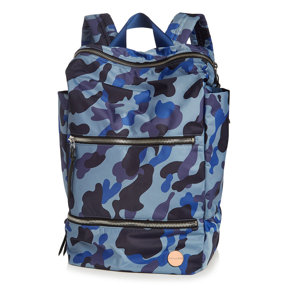 shortyLOVE boxer backpack in blue camo; front view against white background.