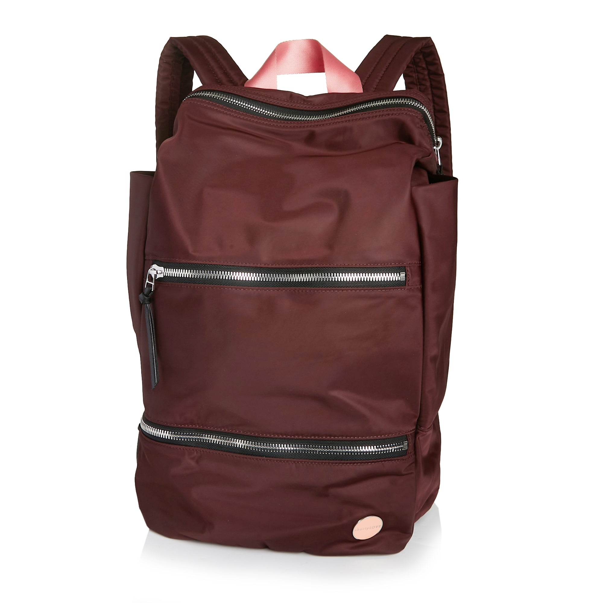 shortyLOVE boxer backpack in burgundy; front view against white background.