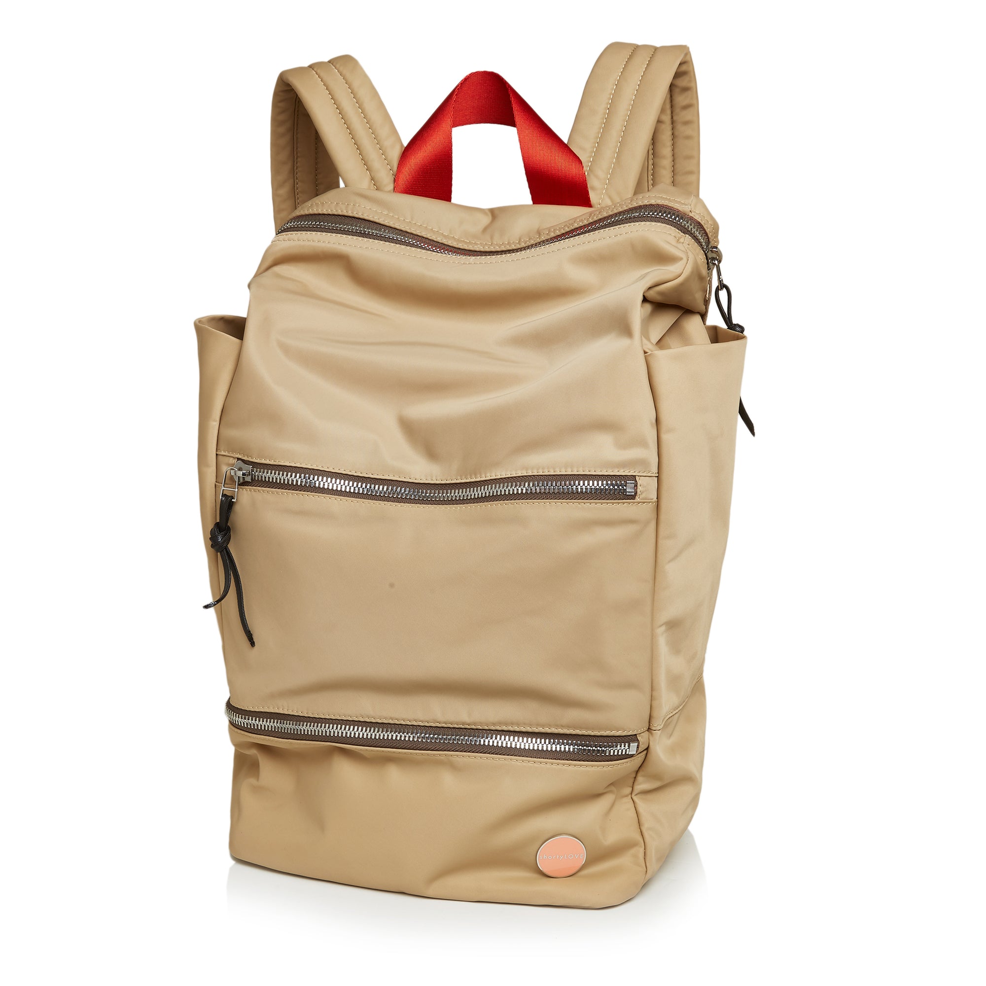 shortyLOVE boxer backpack in khaki; front view against white background.