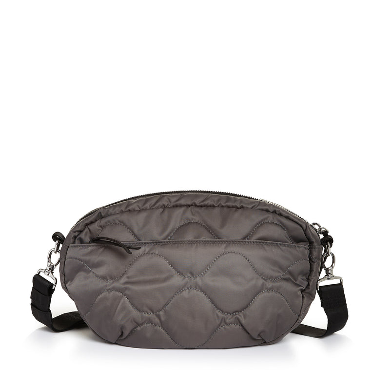 shortyLOVE cruiser medium crossbody bag in pewter; back view against white background.
