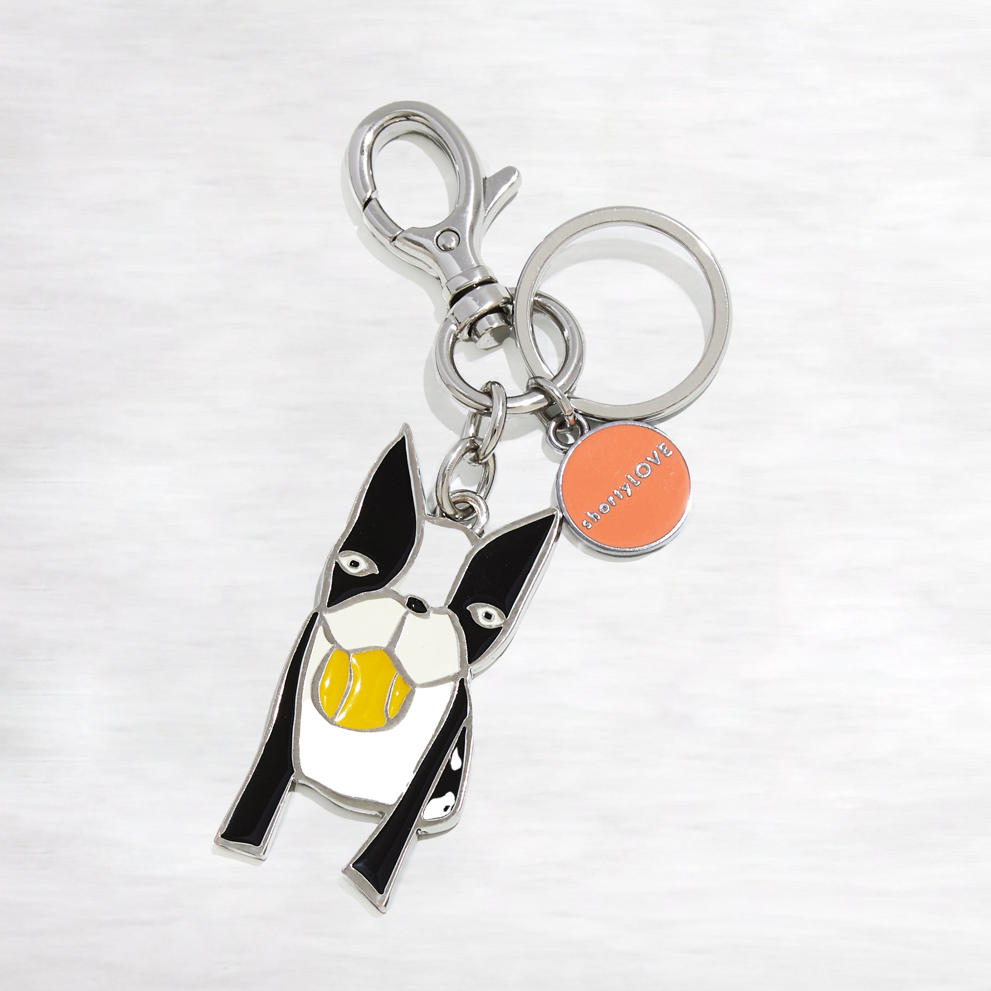 Silver keychain with a dog-shaped tag on a light gray background