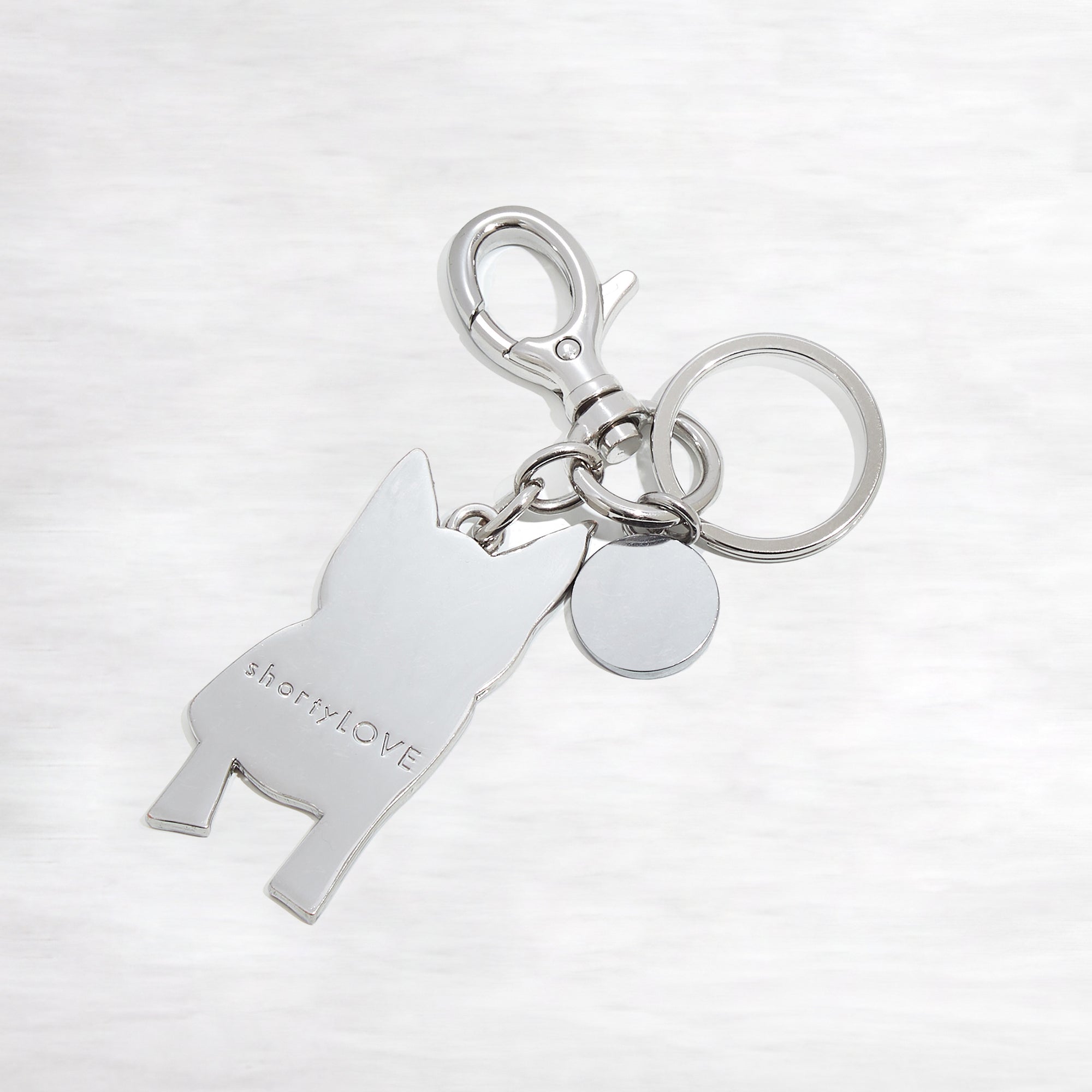 Silver keychain with a dog-shaped tag on a light gray background