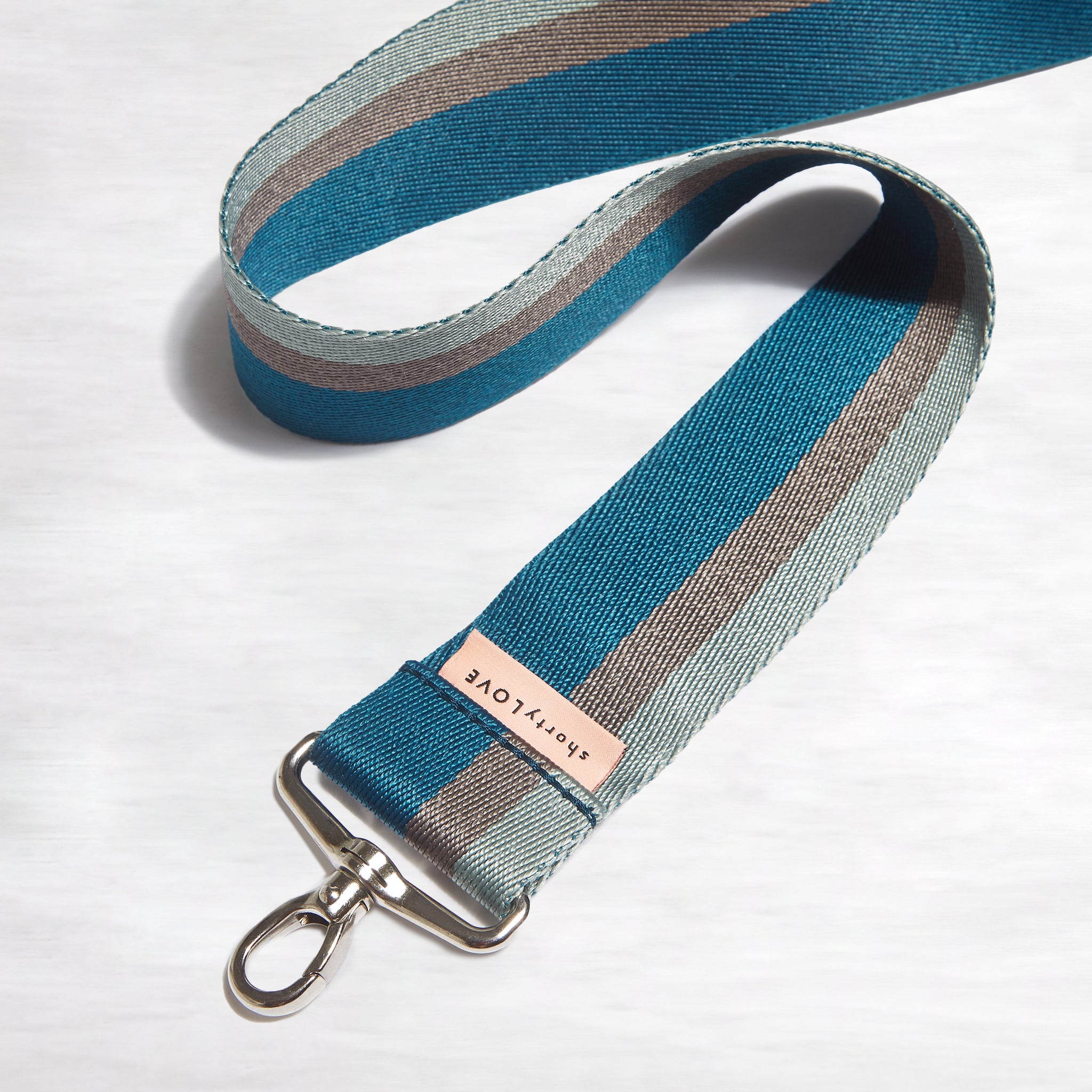 shortyLOVE boardwalk strap in slate/teal/mocha; front view against white background