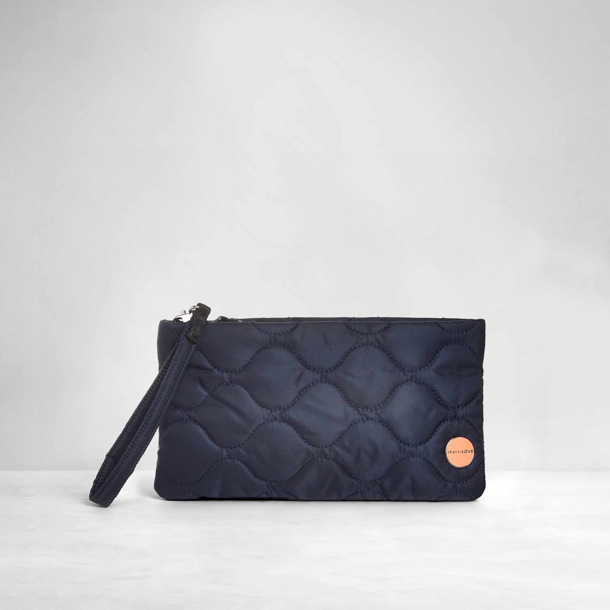 shortyLOVE cleo wristlet clutch in midnight; front view against white background.
