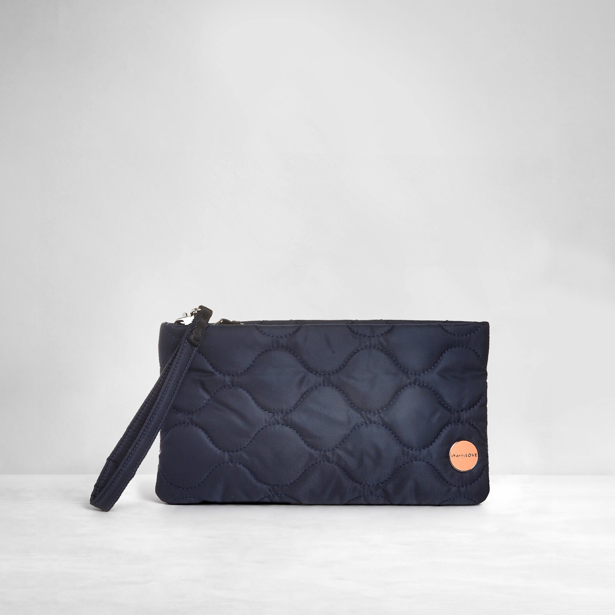 shortyLOVE cleo wristlet clutch in midnight; front view against white background.