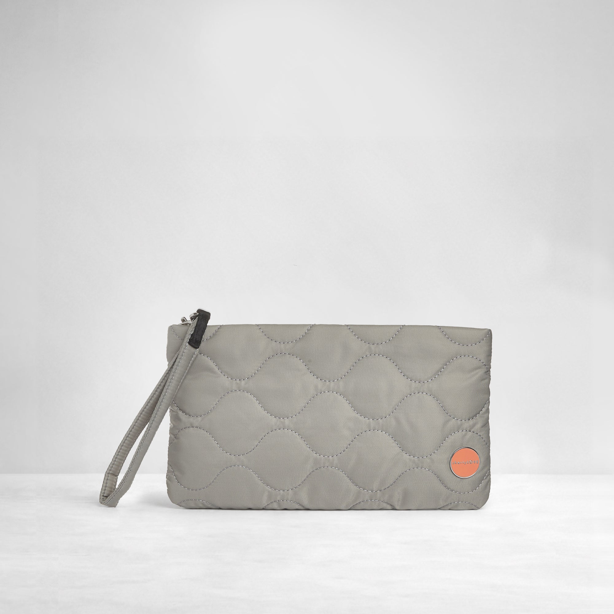 shortyLOVE cleo wristlet clutch in milky grey; front view against white background.