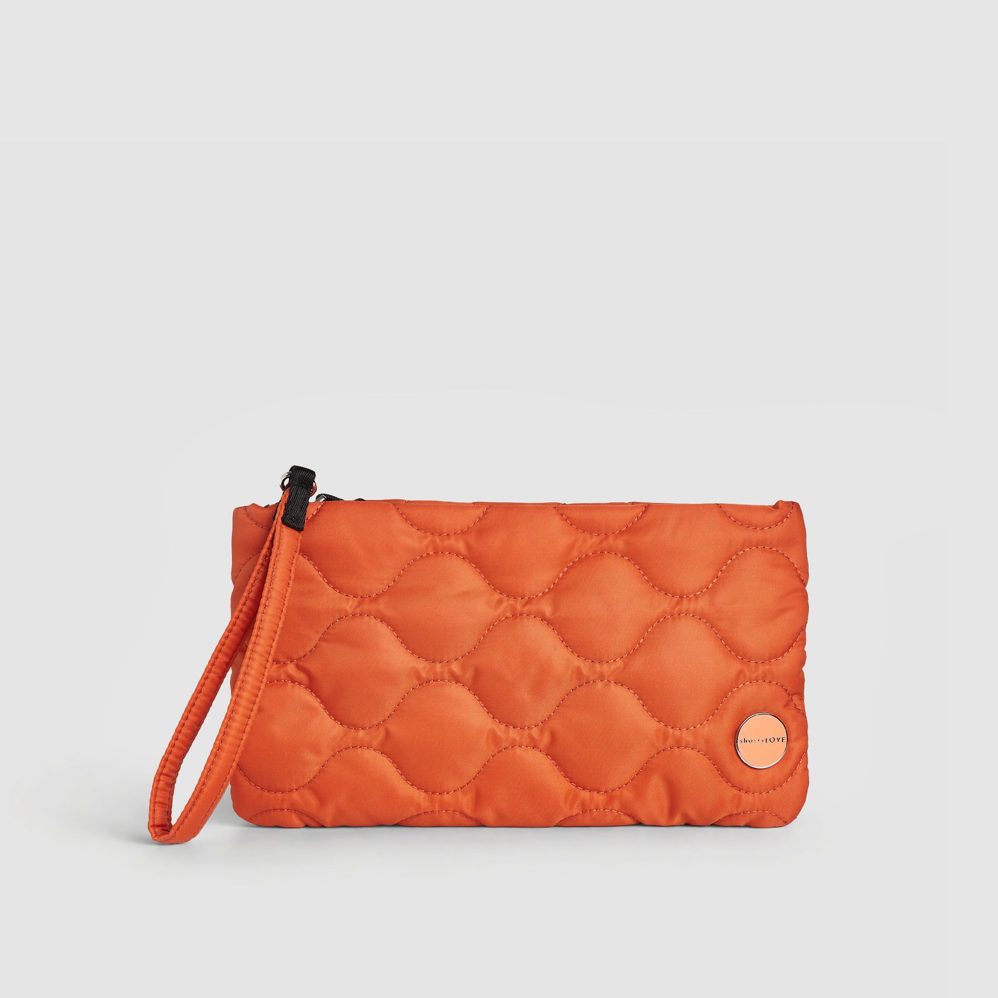 shortyLOVE cleo wristlet clutch in orange; front view against white background.