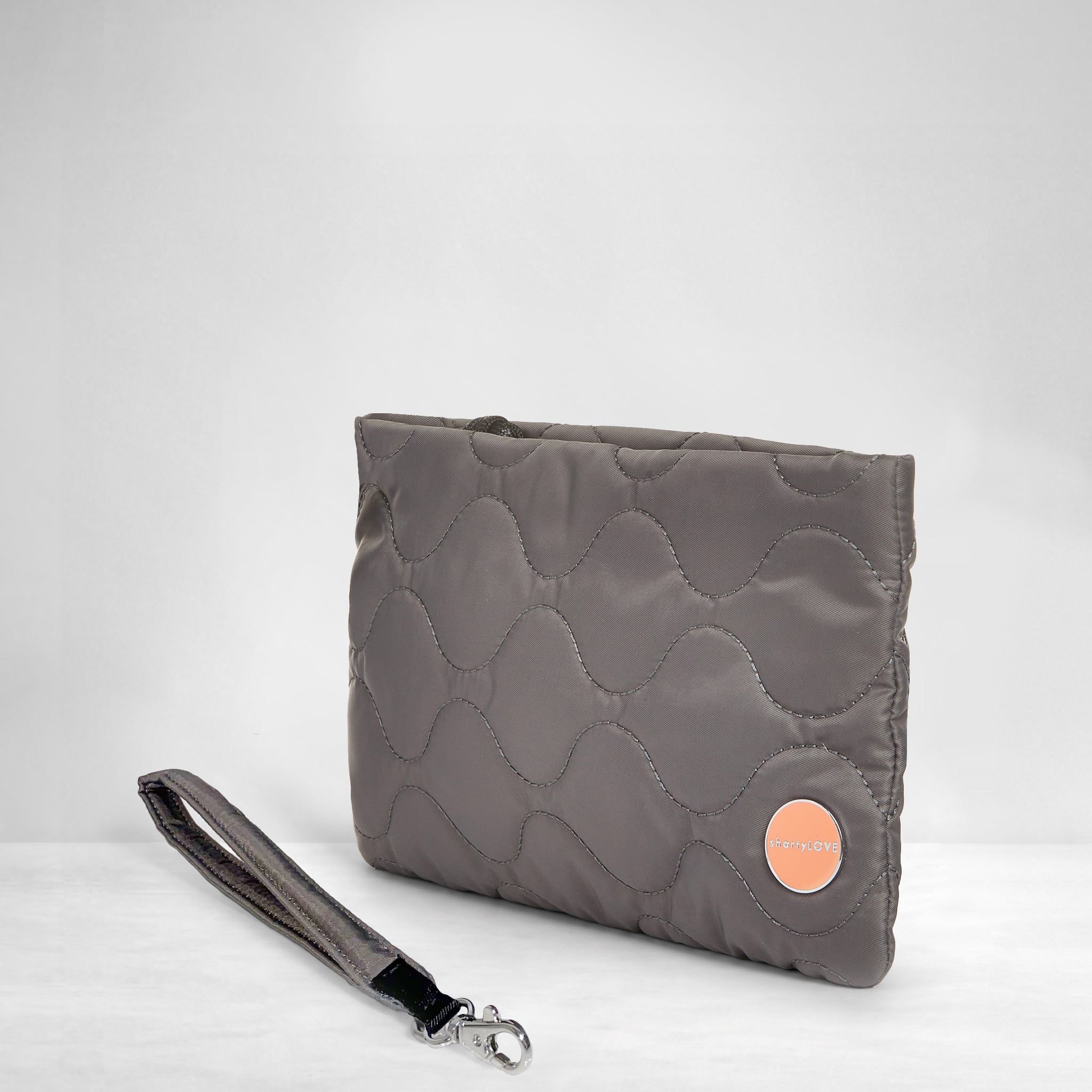 shortyLOVE cleo wristlet clutch in pewter; side view against white background.