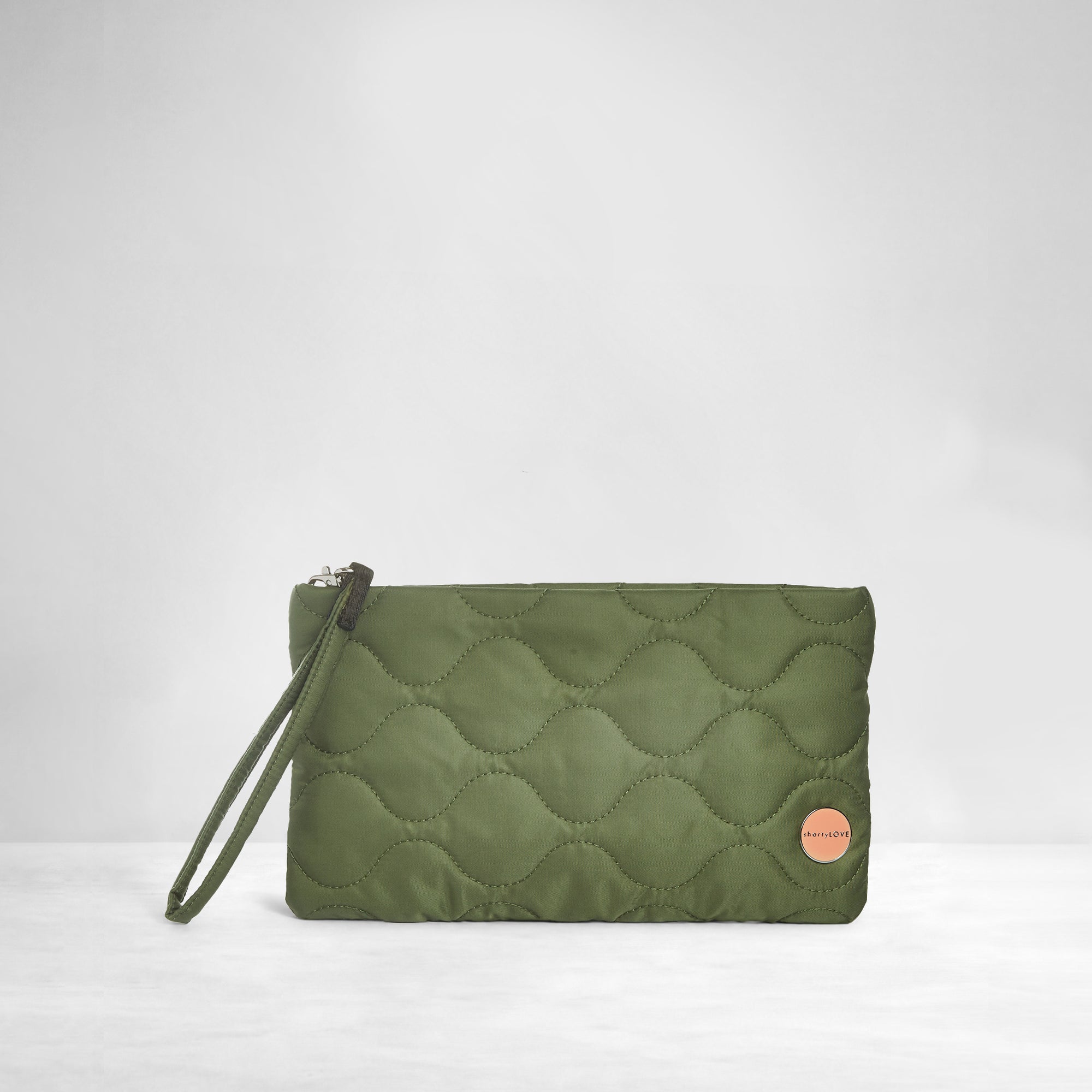 shortyLOVE cleo wristlet clutch in sage; front view against white background.