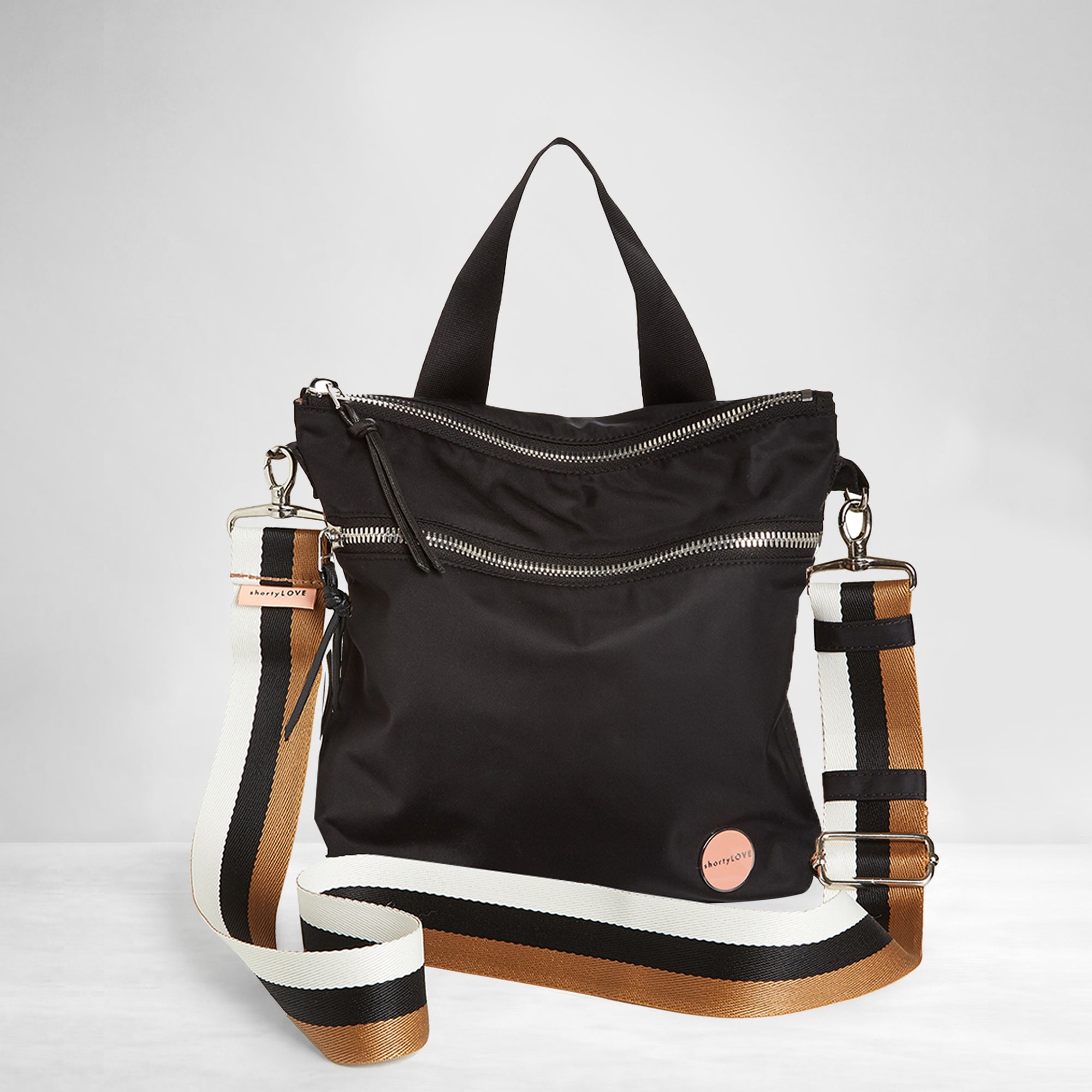 shortyLOVE boardwalk strap in brown/black/almond; shown with amuse bag in black.