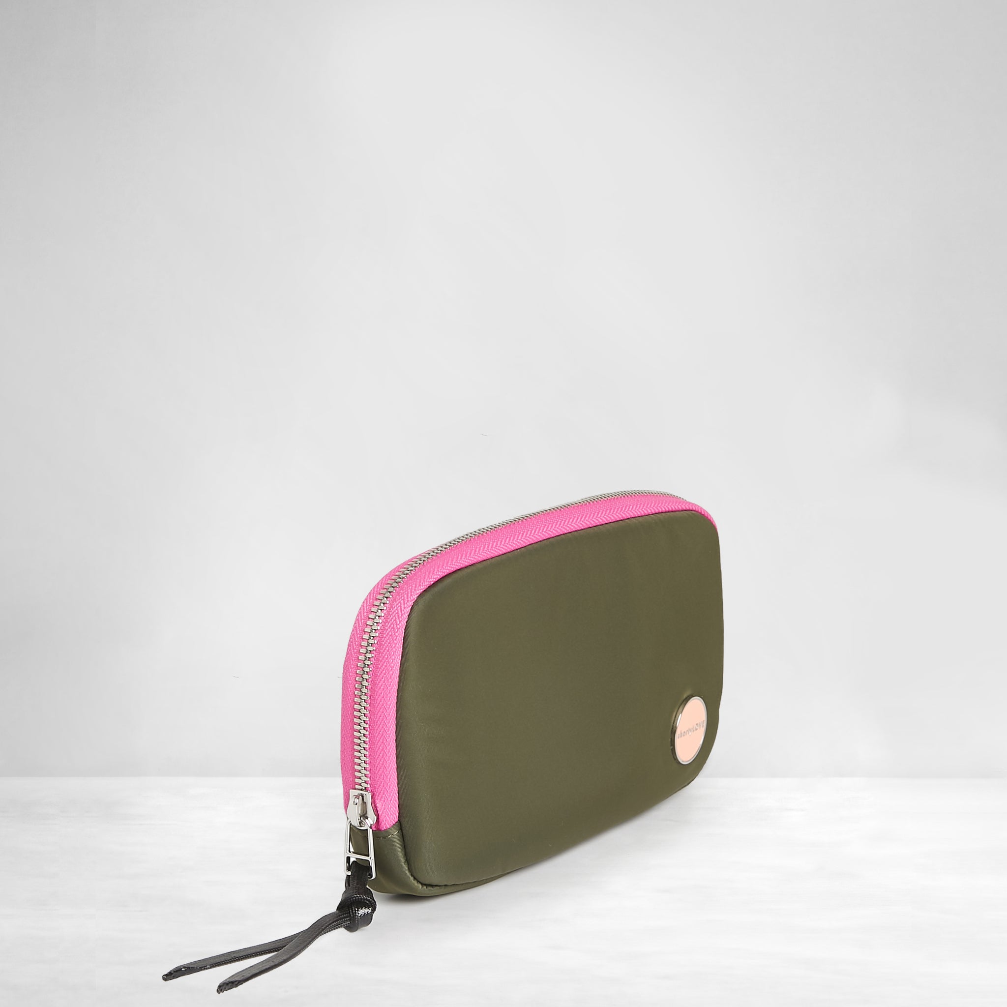 shortyLOVE jetty clutch/wallet in army green; side angle view against white background.