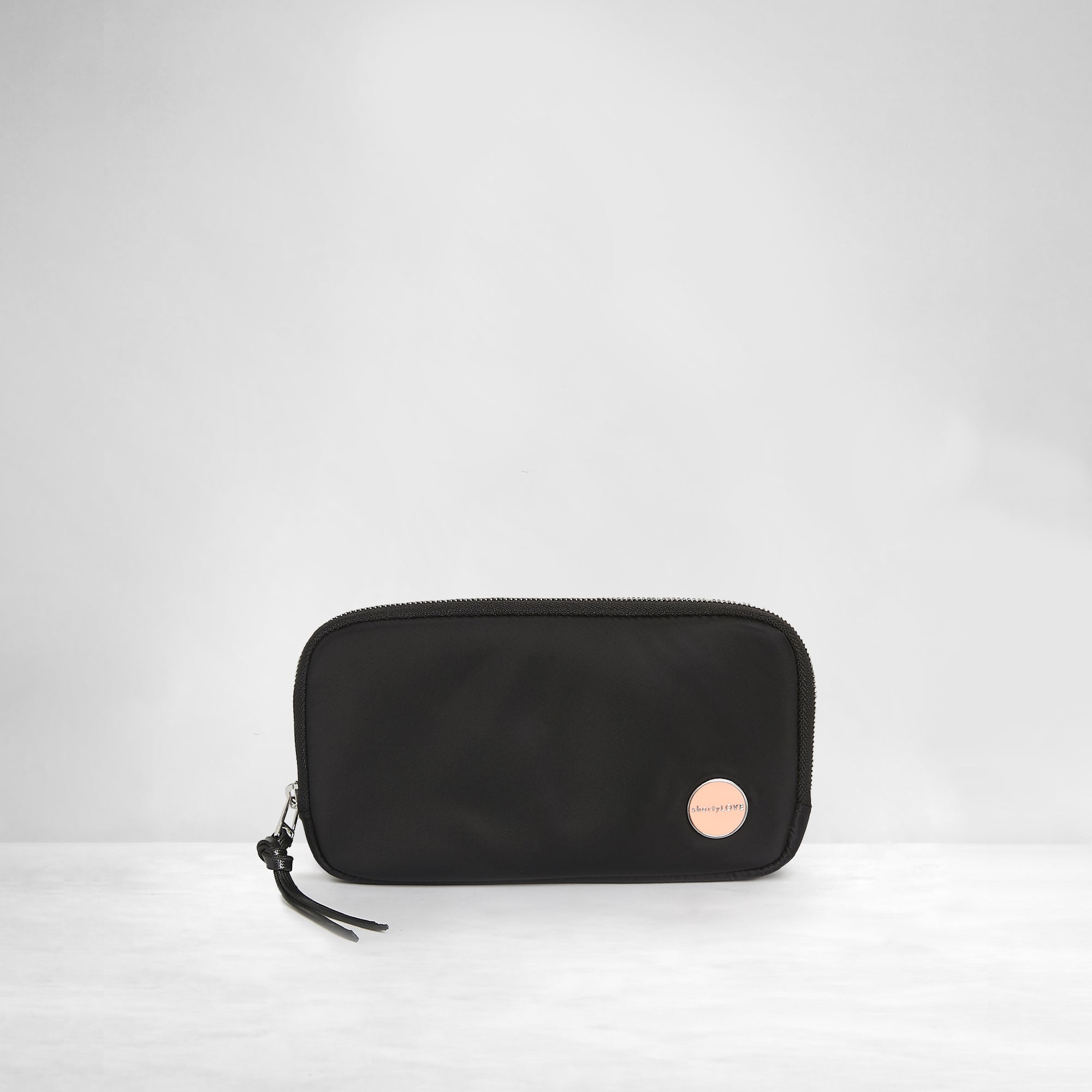 shortyLOVE jetty clutch/wallet in black; front view against white background