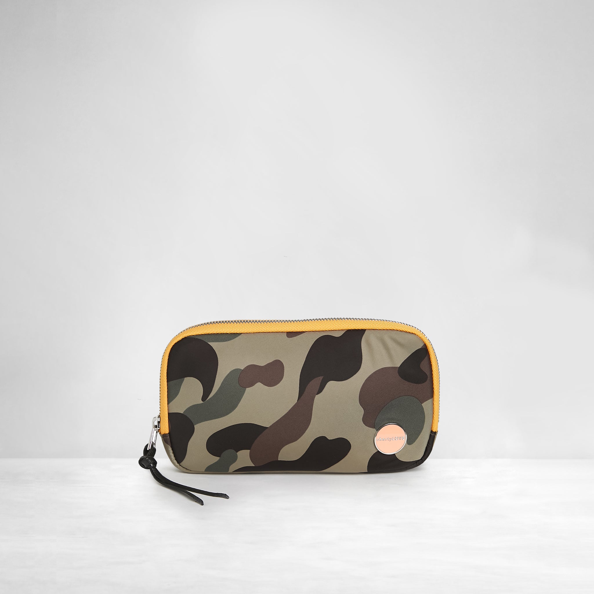 shortyLOVE jetty clutch/wallet in green camo; front view against white background.
