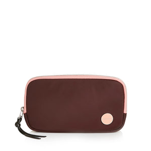 shortyLOVE jetty clutch/wallet in burgundy; front view against white background.